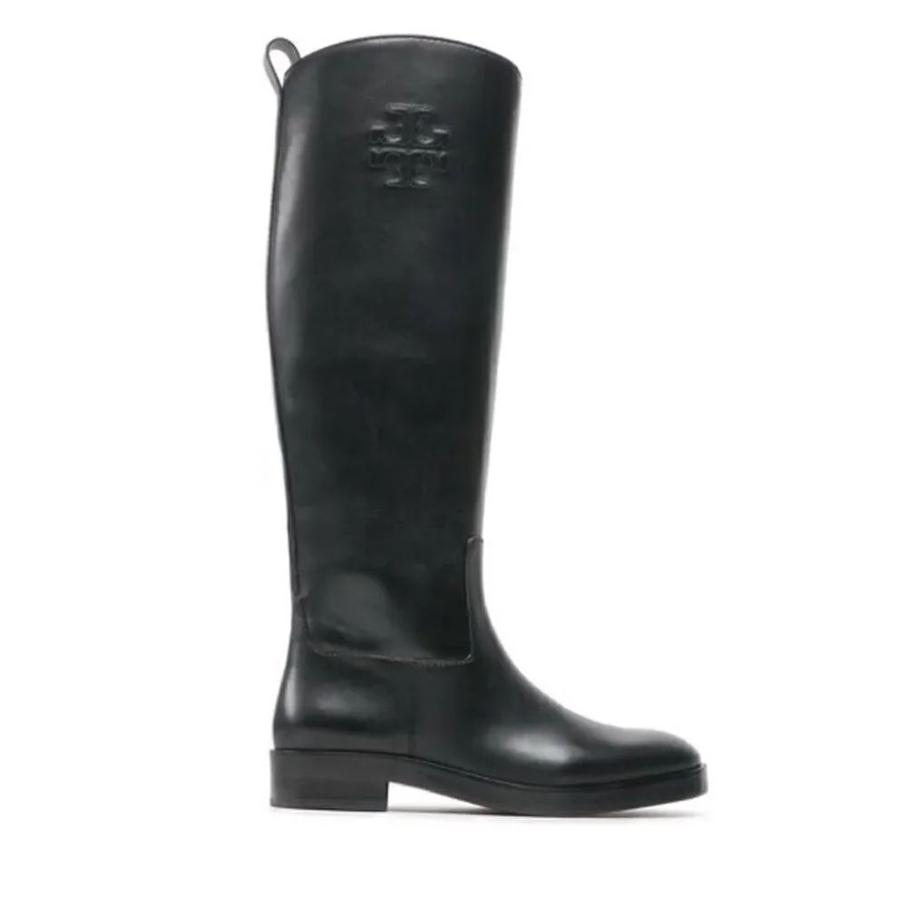 Tory Burch | Tory Burch Logo Embossed Riding Boots in Black | 6.5 M